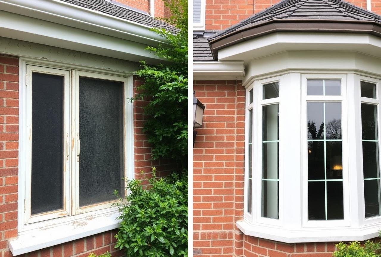 Window cleaning before and after on a brick home