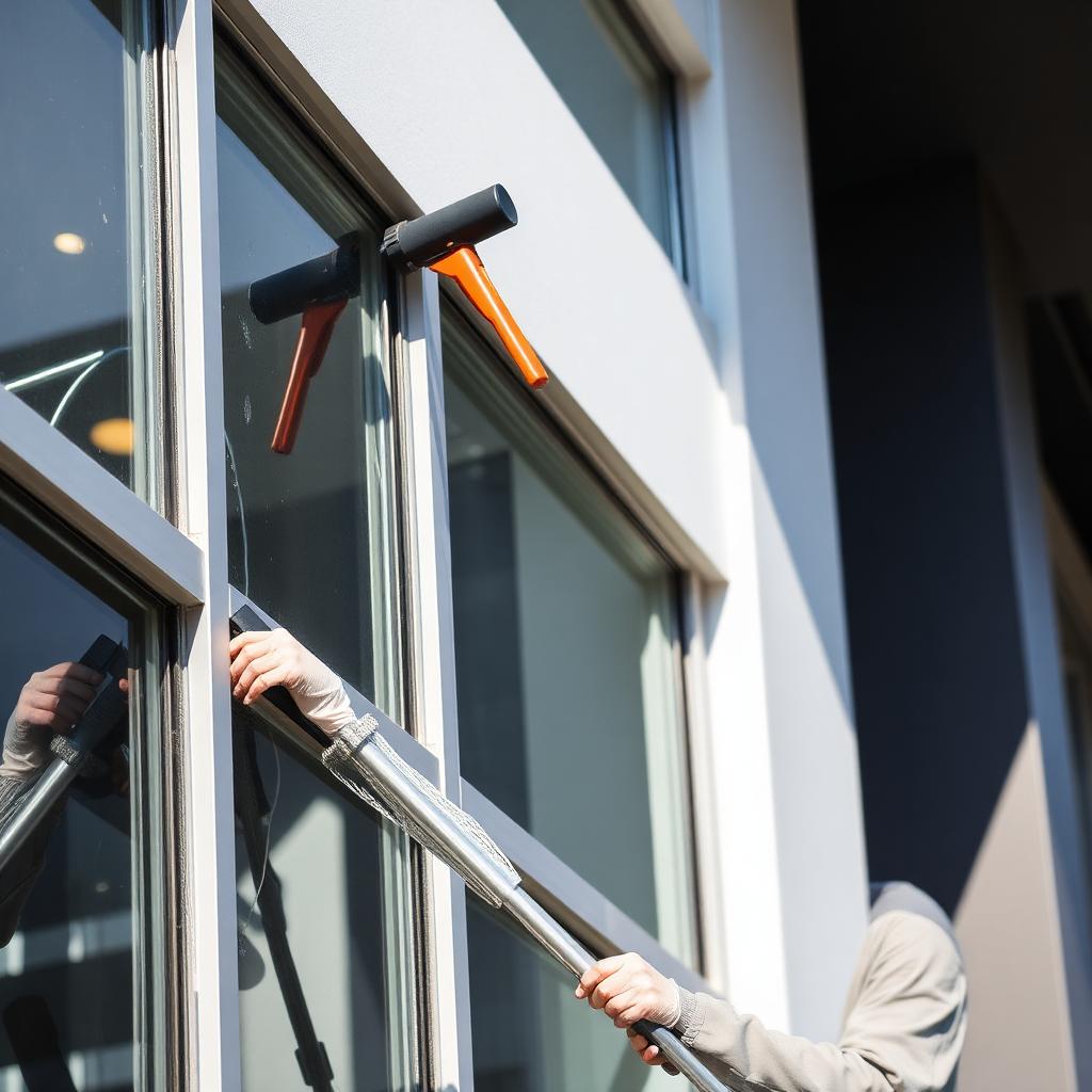 Professional window cleaner using reach-and-wash pole