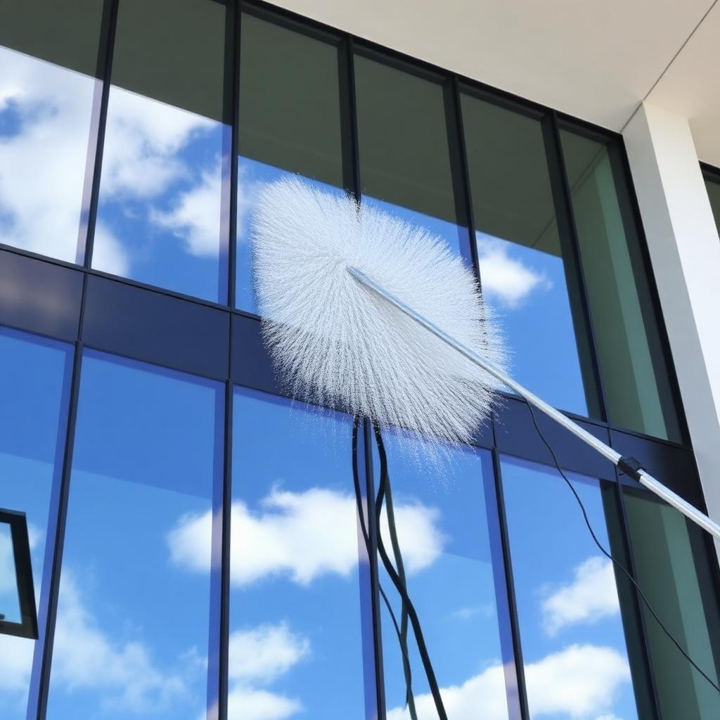 Modern commercial glass facade cleaned with reach and wash