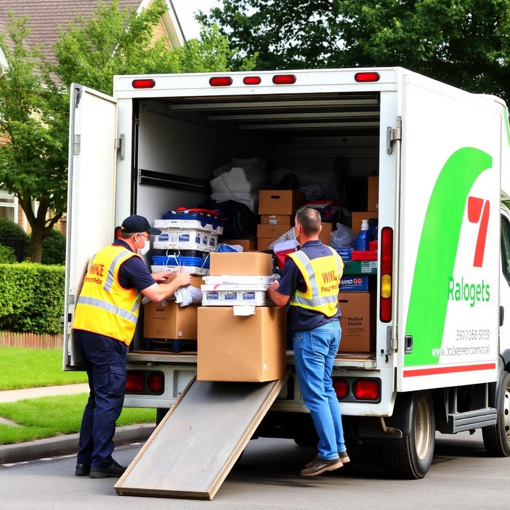 Waste removal team loading items into branded truck