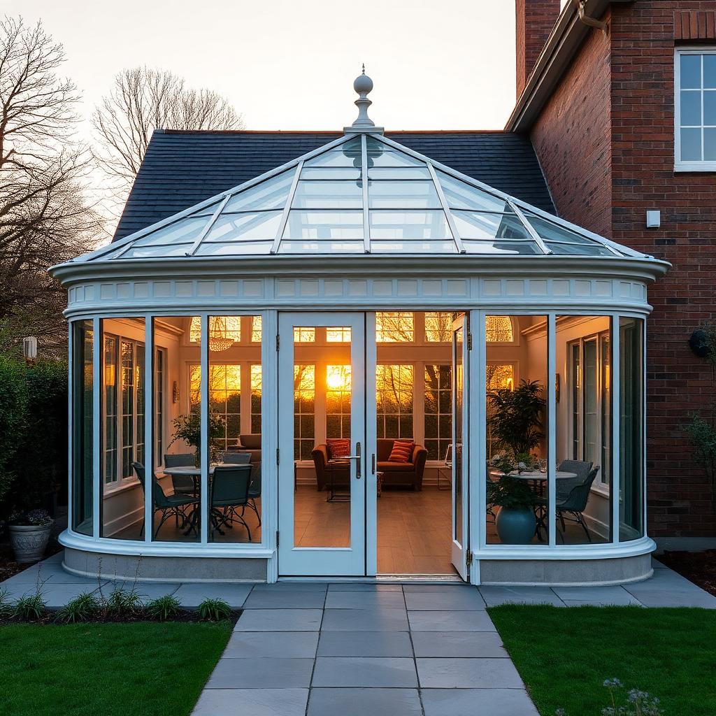 Pristine glass conservatory at golden hour